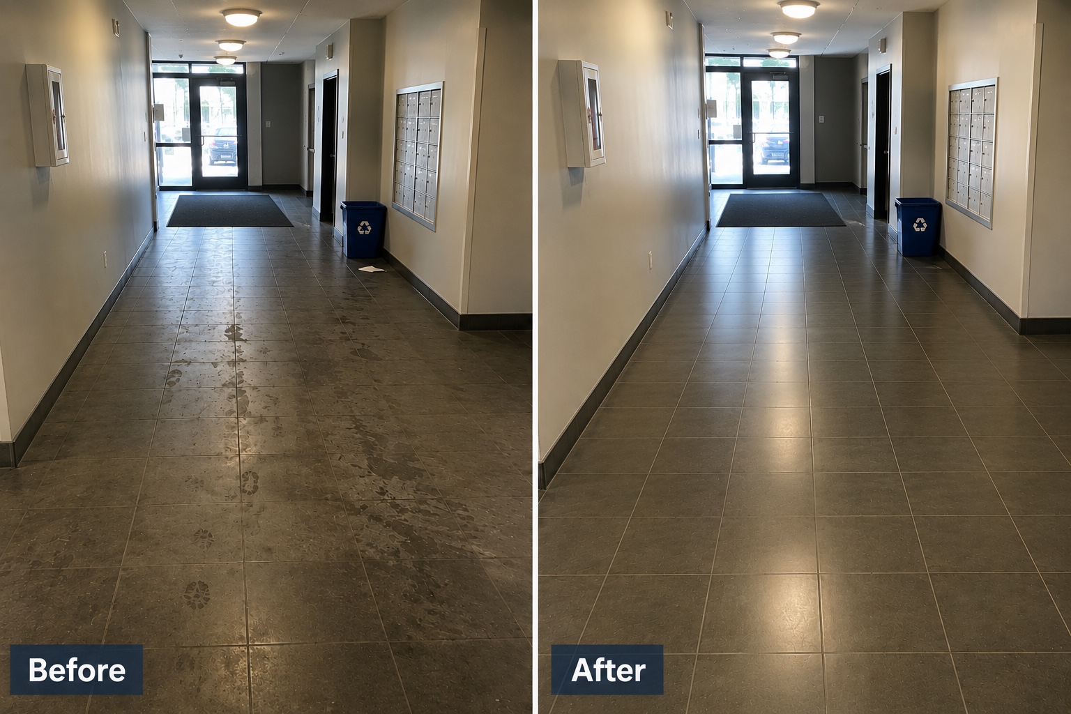 Sample before and after transformation of an apartment building entrance after floor cleaning