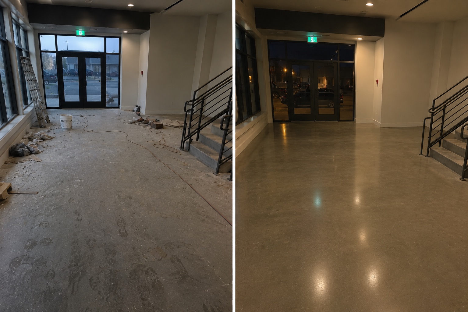 Sample before and after transformation of a commercial lobby following post-construction cleanup